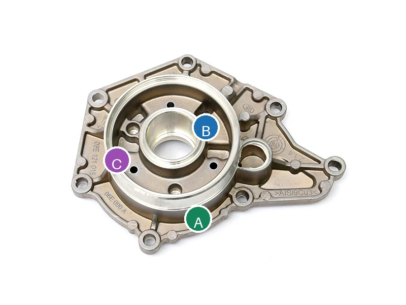 Illustrative datum overlay linking a mounting plane, bore and clocking feature