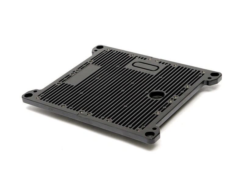 The same black powder-coated die cast enclosure shown at an oblique angle for finish comparison